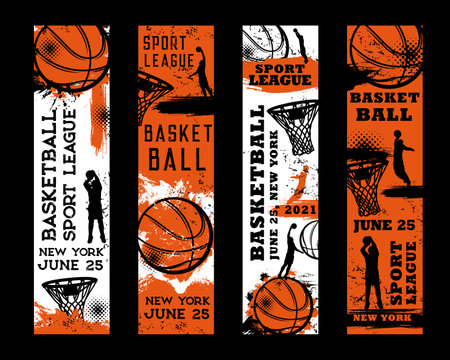 Basketball championship, streetball league tournament grungy posters. Basketball player doing slam dunk, throwing ball in to hoop vector. Sport ball game team competition banners with paint splattersのイラスト素材