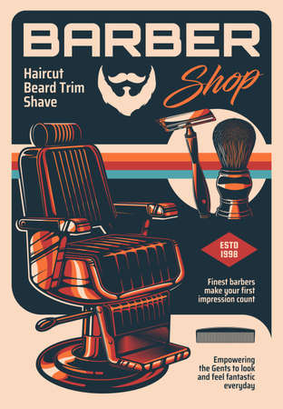 Barber shop vector vintage poster with armchair and classic equipment shaving brush and razor blade for men haircutting, trim and beard shave. Retro advertising card for gentlemen barbershop serviceのイラスト素材