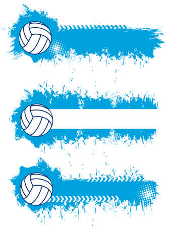 Volleyball sport blank banners or posters templates with volleyball ball and blue paint splatters, smudges and stains vector texture. Sport game league championship, competition grungy iconsのイラスト素材