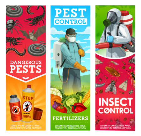 Garden pest and insects control banners. Man in hazmat suit and gas mask spraying pesticide on vegetables with sprayer and fumigation machine, repellents or insecticide spray against pests vectorのイラスト素材