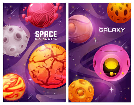 Space galaxy explore posters with cartoon vector fantasy planets. Universe exploration, alien planets with stars and comets around. Bright landscapes or fantastic game surface, space research missionのイラスト素材