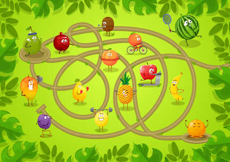 Kids board game with fruits, connect two round platforms task. Vector boardgame template with tangled path and cartoon sportsmen characters. Educational children riddle for family, preschool activityのイラスト素材
