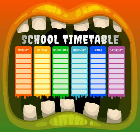 School timetable with vector frame of Halloween monster mouth. Children education schedule, weekly planner or study plan of preschool student with lesson chart layouts, cartoon zombie lips and teethのイラスト素材
