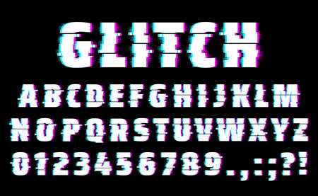 Glitch font of vector alphabet letters and numbers type. Distorted typeface with computer or TV screen noise, television signal fail and data decay effects, retro glitch typography font designのイラスト素材