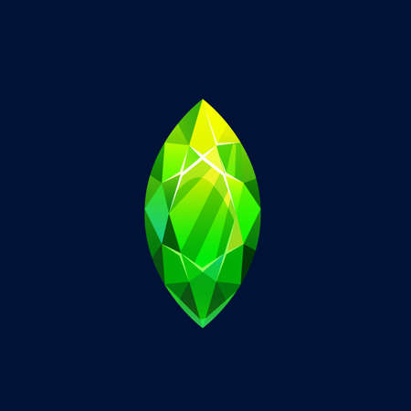 Green crystal, magic rock vector icon, gem stone. Precious or semiprecious emerald gemstone, organic faceted mineral, oval shape jewelry for ui isolated cartoon signのイラスト素材