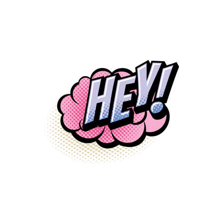 Hey comics pop art half tone bubble vector icon. Cartoon retro sound pink cloud blast explosion with halftone pattern and violet word with exclamation signのイラスト素材