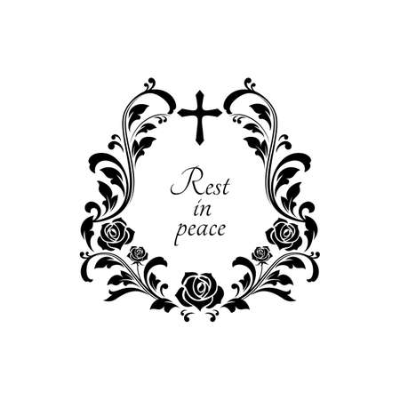 Rest in peace grief with crucifix cross, floral ornament with flowers and leaves isolated funeral lettering. Vector condolence message on gravestone, obituary memorial border frame, text on tombstoneのイラスト素材