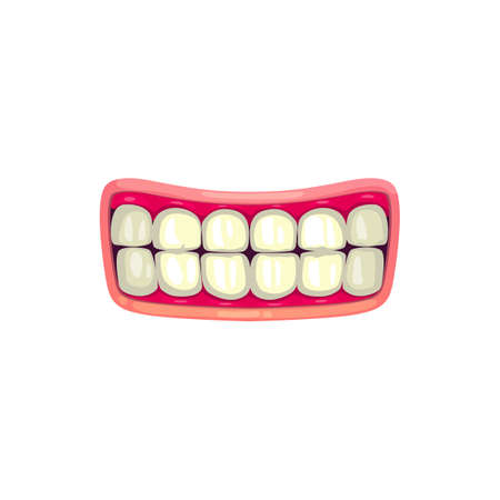 Cartoon mouth with white teeth, vector grin or smile jaws with pink lips. Human mouth, dentist or anatomy design element isolated on white backgroundのイラスト素材
