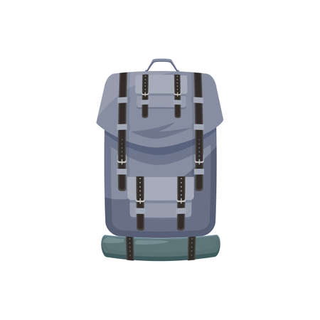 Knapsack, hiking, climbing mountain sport expedition haversack, cartoon hikers bag with sleeping mat isolated icon. Vector trekking backpack, blue rucksack with straps lacing, haversack objectのイラスト素材