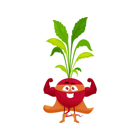 Cartoon radish super hero isolated vector icon. Funny vegetable in cloak and mask demonstrate power....