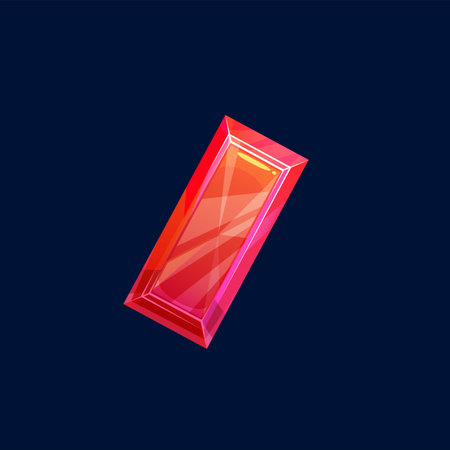 Red magic crystal, gem or precious rock, vector icon. Mineral crystalline stone of rectangular...