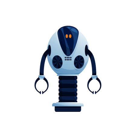 Industrial robot loader with grabs on hands and regulating high stand isolated realistic mechanical automation. Vector robot constructor, manufacturing cyber android, smart cyborg with metal capturesのイラスト素材
