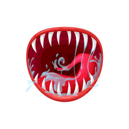 Monster mouth vector icon, creepy yelling beast jaws with sharp teeth and long tongue with splashing saliva. Angry creature isolated on white backgroundのイラスト素材