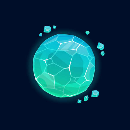 Ice futuristic planet isolated blue fantasy world cartoon icon. Vector inhabitable universe, game design element, frozen planet. Glacier globe, futuristic alien world, planet with forever winter coldのイラスト素材