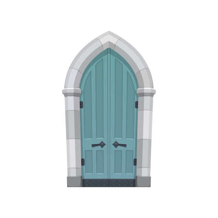 European medieval cartoon gate or door fairytale entry isolated flat cartoon or realistic icon. Vector retro gate of wood and stone, enter to tower. Doorway with pillars, aged door with handlesのイラスト素材