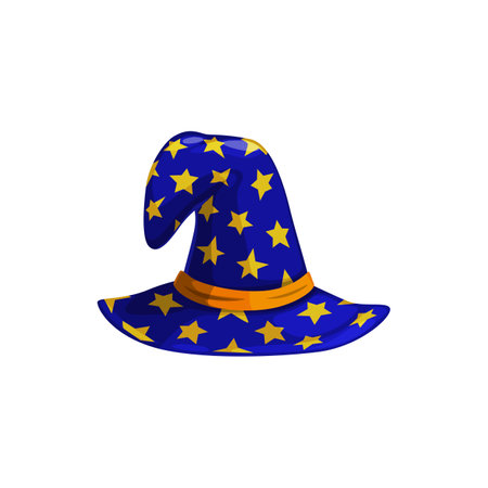 Cartoon astrologer or witch hat vector icon, blue magician headwear with yellow stars and hatband. Halloween costume, wizard cap isolated on white backgroundのイラスト素材