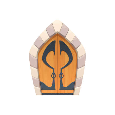 Cartoon door or castle gates vector icon, wooden and stone medieval or fairytale arched entry with forged decoration and ring knobs. Ancient palace exterior design elementのイラスト素材