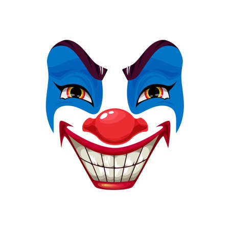 Scary clown face vector icon, Halloween funster character. Emoticon mask with blue makeup, red nose, angry eyes and creepy smile with white glossy teeth, isolated horror creature emojiのイラスト素材
