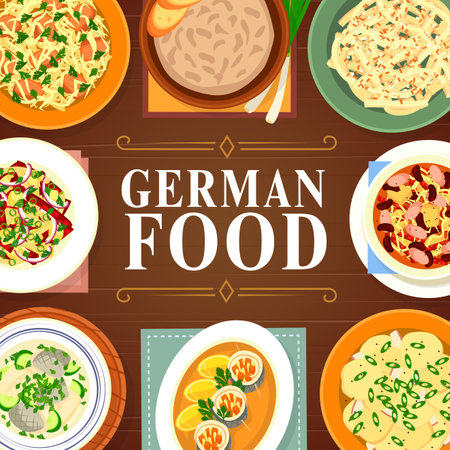 German cuisine food, Germany sauerkraut, sausages and dinner salads, vector. German cuisine food meal dishes, Bavarian sauerkraut salad, traditional restaurant gourmet lunch menu and national soupsのイラスト素材