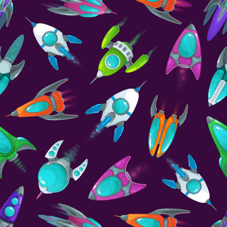 Rockets pattern, cartoon space background, vector seamless galaxy. Space ship rockets and spaceship, shuttles in cosmos sky and planets universe, kids cartoon pattern background with spacecraftsのイラスト素材