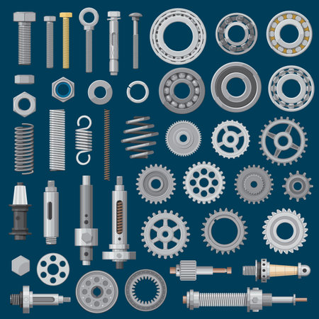 Bolts, screws and nuts icons, construction nails, rivets and hardware tools, vector. Metal mechanic parts and fastener equipment, drill heads and mechanic steel pulleys, work and repair gears and cogsのイラスト素材