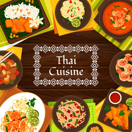Thai cuisine vector fried spring rolls with shrimp, sour soup tom yum, cashew chicken gai pad med mamuang. Sweet rice with mango khao niaow ma muang, shrimp noodles pad thai, fried rice Thailand mealsのイラスト素材