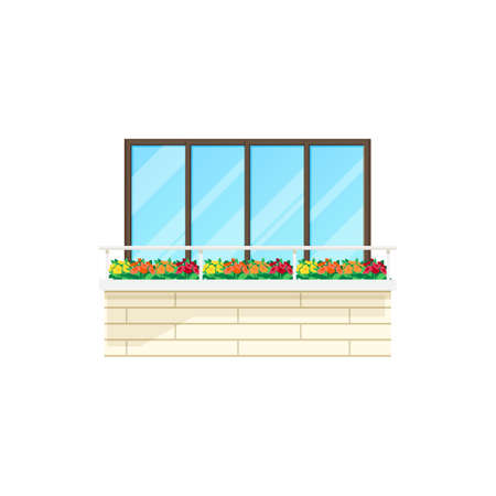 Balcony house window, building facade architecture, vector flat icon. Apartments balcony with brick fence, glass windows and flowers on railings, modern building balcony barrister, isolatedのイラスト素材