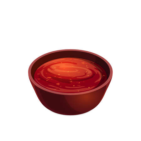 Salsa tomato ketchup in bowl, plate with red paste isolated icon. Vector plate with tomato hot chili spicy snack. Sauce-boat portion, bbq catchup. Food condiment, seasoning, sour sweet sauce on plateのイラスト素材