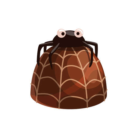 Chocolate candy with praline and ganache, decorated by spider net isolated realistic 3D sweets. Vector choco confectionery food, brown dessert with nougat, holiday treat. Halloween party treatのイラスト素材