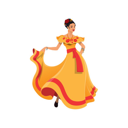 Mexican woman in long traditional dress isolated. Vector dancer lady in tabasco dress, decorated with roses and red belt, flowers in head. Cartoon character in national dress, dancing latino girlのイラスト素材