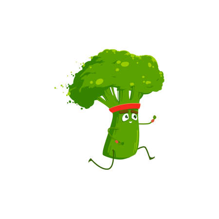 Cartoon broccoli sportsman running, vector icon, funny vegetable character sport exercises, race on stadium isolated on white background. Healthy food run, sports lifestyle, organic nutrition symbolのイラスト素材