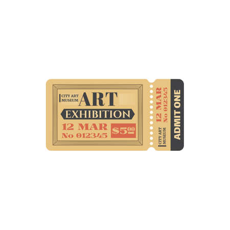 Retro ticket to city museum to gallery exhibition isolated coupon card. Vector admit one public display of art works, admission to visit exhibition, voucher with date and price, paintings trade fairのイラスト素材
