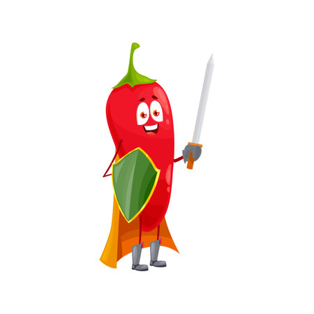 Cartoon chili pepper super hero isolated vector icon funny vegetable, fairytale knight character in cloak, with shield and sword. Healthy food, superhero vitamin personageのイラスト素材