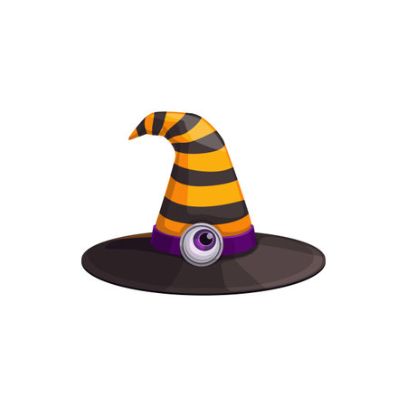 Cartoon witch hat vector icon, magician headwear with black and yellow stripes and eye ball on...