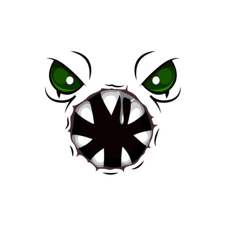 Monster face cartoon vector icon, creepy creature, emotion with angry eyes and round toothy mouth. Halloween ghost, alien or spooky worm emoji isolated on white backgroundのイラスト素材