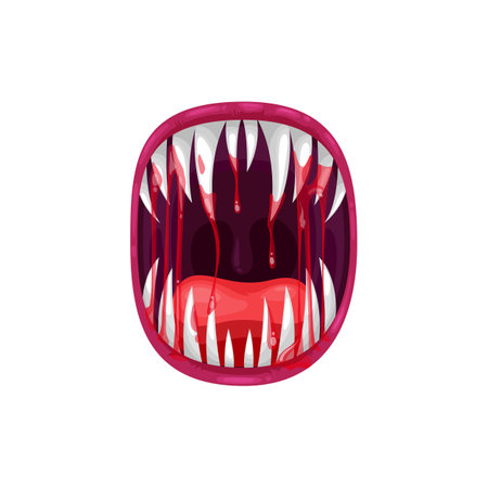 Monster mouth vector icon, creepy yelling alien beast jaws with sharp teeth and long tongue with dripping bloody saliva. Angry creature yell isolated on white backgroundのイラスト素材