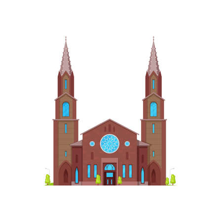 Church or cathedral medieval chapel, gothic architecture buildings, vector facade. Christian religion catholic or evangelic church chapel or temple cathedral with belfry towersのイラスト素材