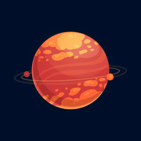 Red fiery planet and small exoplanet nearby isolated fantasy alien world cartoon icon. Vector abstract round funny kids cosmic planet, imaginary universe globe. Orange planet ui or gui game designのイラスト素材