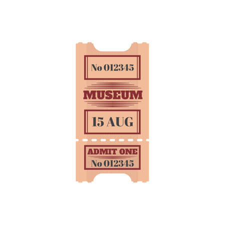 Full ticket to museum isolated retro paper card. Vector voucher access to city history museum, single entry. Invitation on excursion or exhibition, admit one to enter, mention of date and priceのイラスト素材