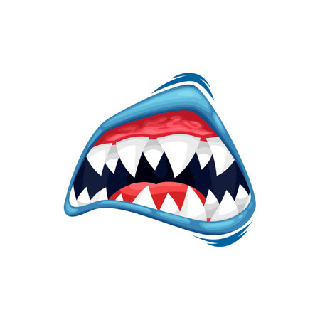 Monster mouth vector icon, creepy zombie or alien jaws with sharp teeth, blue lips and red tongue. Halloween creature roaring mouth isolated on white backgroundのイラスト素材