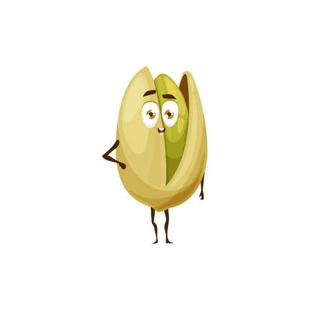 Pistachio nut in shell isolated flat cartoon character kids emoji emoticon. Vector comic super hero food snack, vegetarian roasted pistache. Cracked pistachio with green seed, happy face and legsのイラスト素材