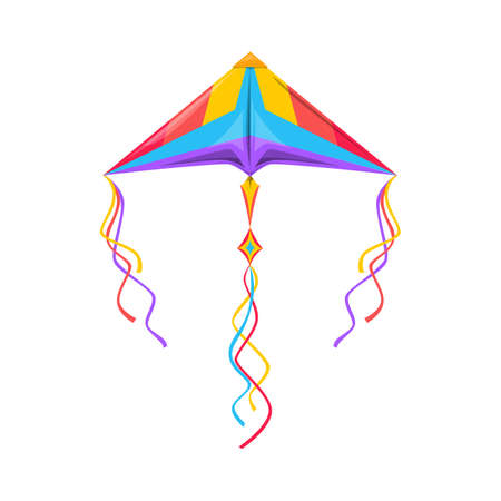 Kite in shape of triangle with strings in sky isolated kids toy. Vector cartoon flying object in sky. Outdoor summer activity object, kite-balloon flown in wind, Uttarayan International Kites Festivalのイラスト素材