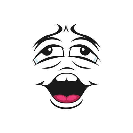 Tired or bored emoticon, exhausted face expression isolated flat cartoon character. Vector sleepy avatar with big eyes, open mouth with tongue. Indifferent uncertain emoji, comic smiley emoticon headのイラスト素材