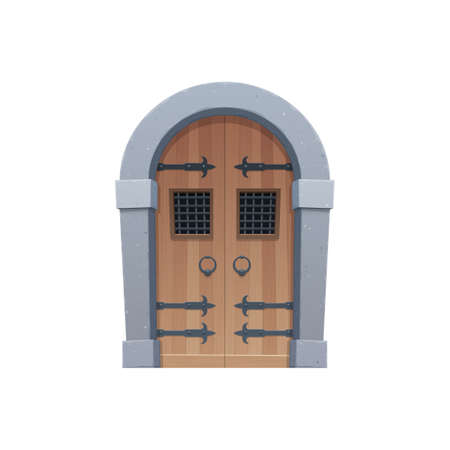Arched medieval cartoon gate or door isolated fairytale entry isolated icon. Vector retro gate of wood and stone, arc enter in castle or tower. Doorway with forged elements, aged door with ring handleのイラスト素材