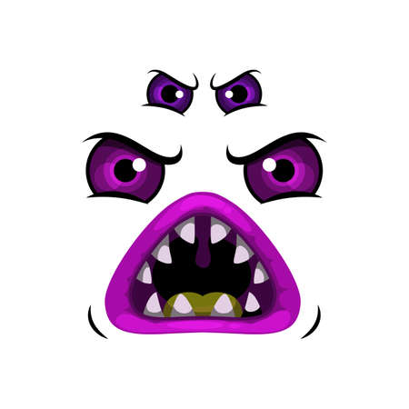 Monster face cartoon vector icon, roaring Halloween creature, emotion with many angry purple eyes and round toothy mouth. Creepy worm, alien or spooky emoji isolated on white backgroundのイラスト素材