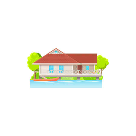 Facade of house on water with canoe boats isolated home for sale or rent at sea cost. Vector tropical wooden house on beach with trees and canoe boats, balcony pier. Building at seashore or seasideのイラスト素材