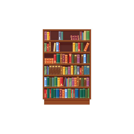 Bookcase vector icon, cartoon shelf with books in library, wooden bookstore with colorful spines on shelves isolated on white background. Literature archive symbolのイラスト素材