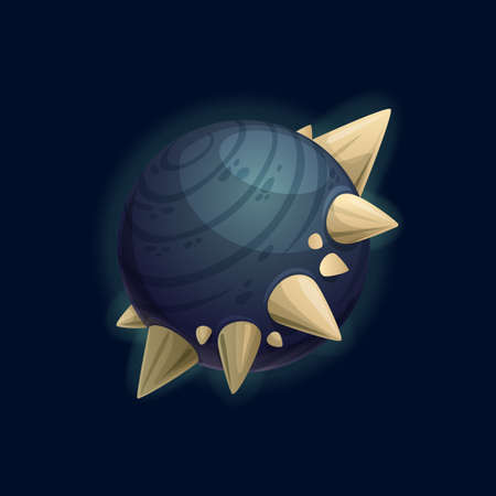 Fantasy planet with thorns or fangs, satellites in space, far alien world isolated flat cartoon icon. Vector asteroid, inhabitable place in outer space atmosphere. Galaxy exoplanet deep space planetのイラスト素材