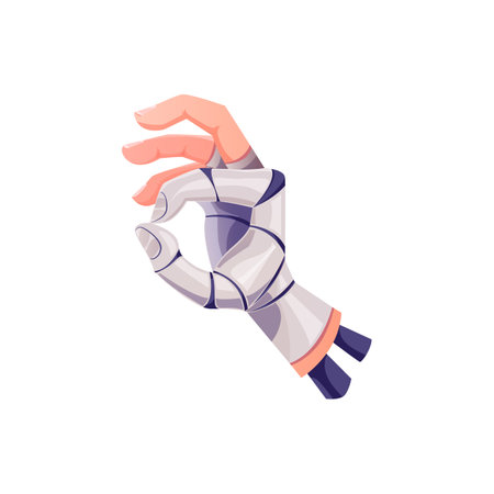 Cyborg hand or robot arm with ok gesture, vector artificial intelligence. Robot hand with okay fingers, future tech or cyber technology and AI bionic robotic mechanismのイラスト素材