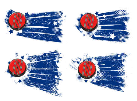 Cricket ball banners, sport tournament and championship vector halftone backgrounds. Cricket ball flying and hitting goal with stars and paint splash, club and team league emblems, blue badgesのイラスト素材